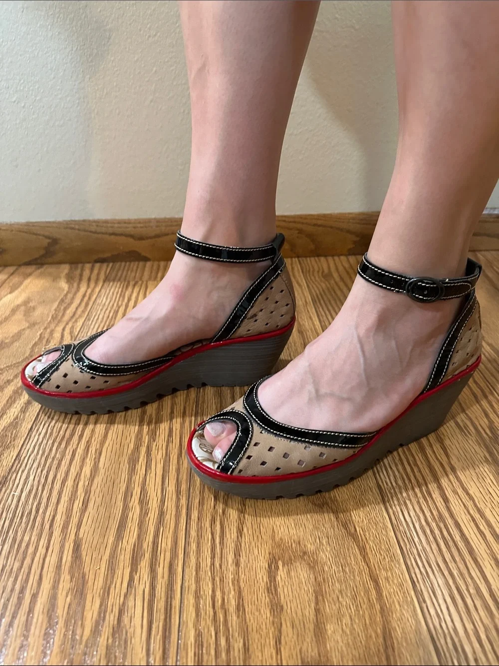 Fly London Beige, Black and Red Peep-Toe Wedge Sandals
